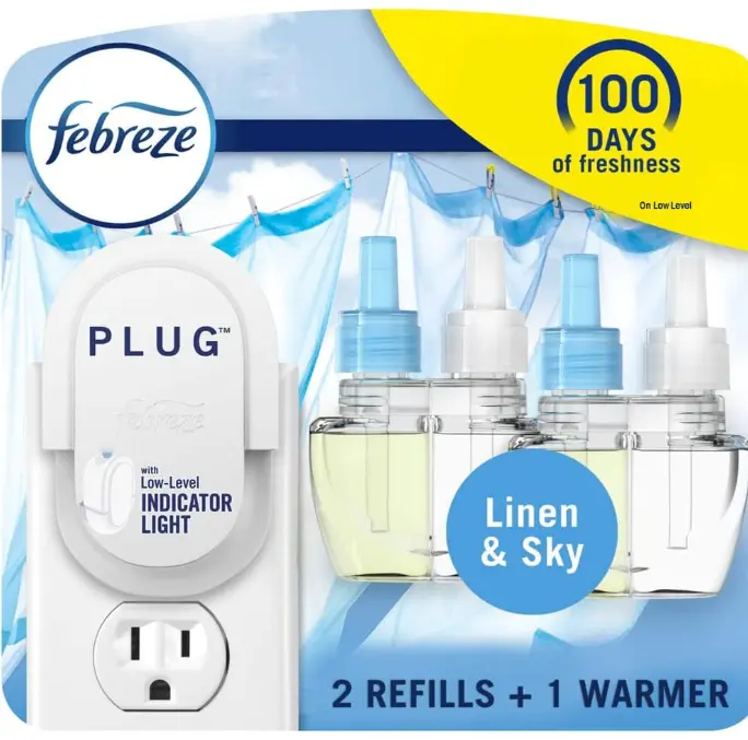 Febreze Plug in Air Fresheners, Linen & Sky Scent, Odor Eliminator for Strong Odors, 1 Warmer + 2 Oil Refills