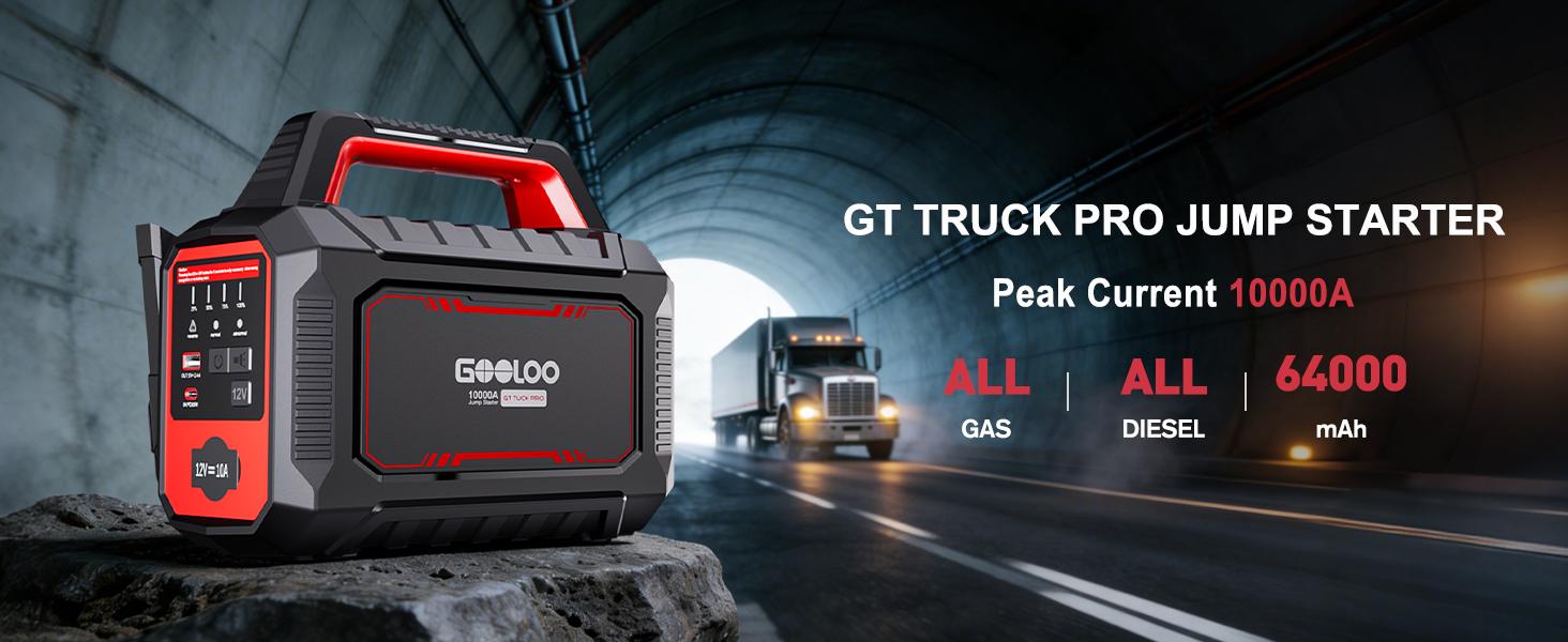 GOOLOO GT-Truck Pro 10000A Peak Car Jump Starter, 64000mAh Portable Battery Booster Pack, Powerful Emergency Starter for 8.0L Diesel Trucks & Heavy Duty Vehicles, LED Flashlight, Smart Safety Clamps