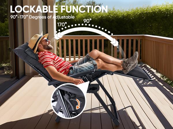 Zero Gravity Chair, Reclining Camping Lounge Chair, Reclining Patio Chairs with Cup Holder Trays and Removable Cushion, Folding Recliner for Indoor and Outdoor