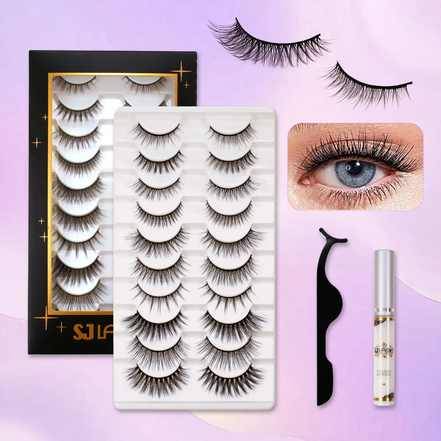 SJ LASHES 3D C Curl Manga False Eyelashes Kit, 10 Pairs Mixed Styles - Wispy Natural Volume Lash Strips with Glue & Tweezers for Makeup, Manga Lashes, Cc Curl