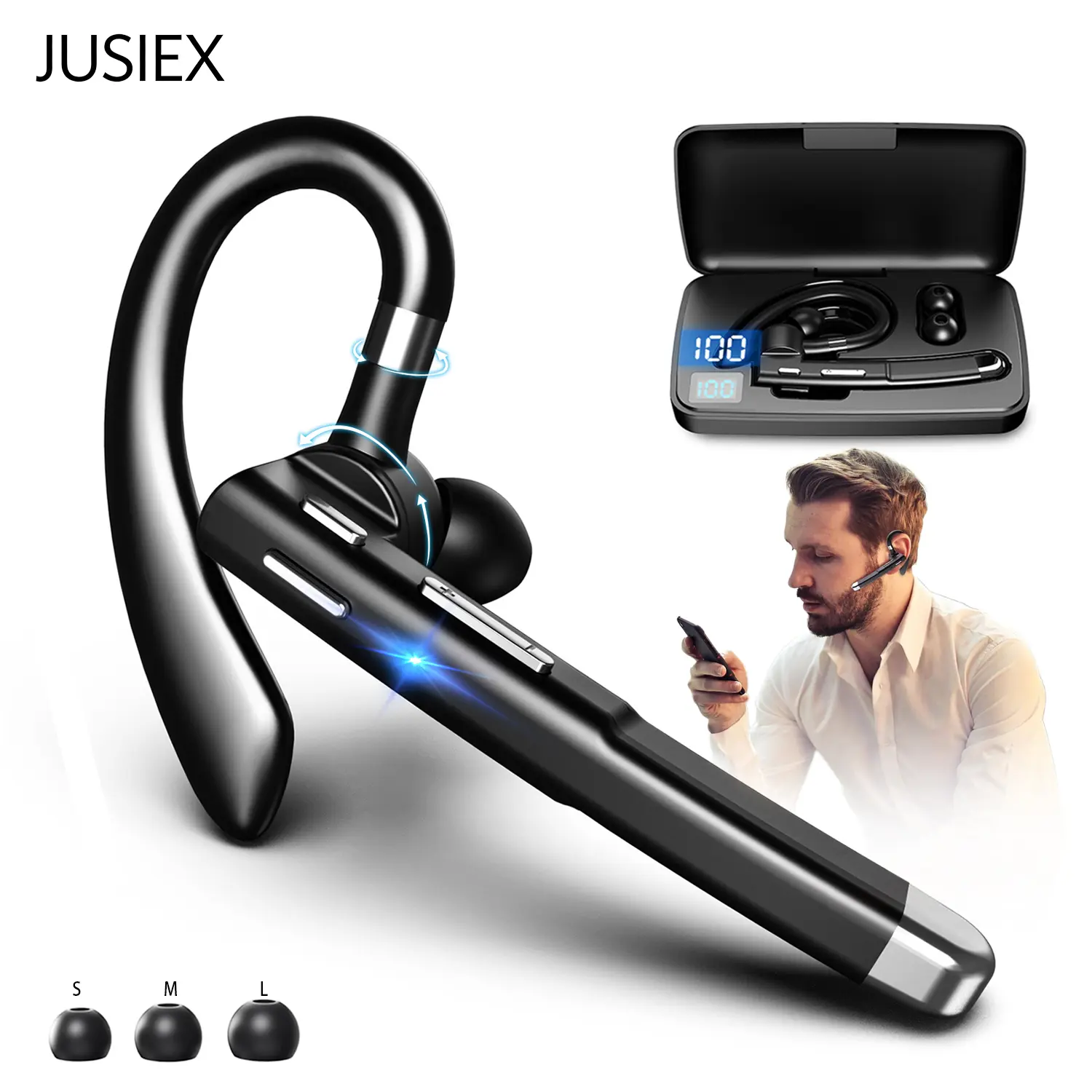 JUSIEX High Quality Wireless Bluetooth 5.3 Trucker Single-Ear Headset - Chargeable Earbud with Charging Case, Digital Noise Cancellation, Built-in Microphone, Instant Button Control Hands-Free Audio Device for Truckers