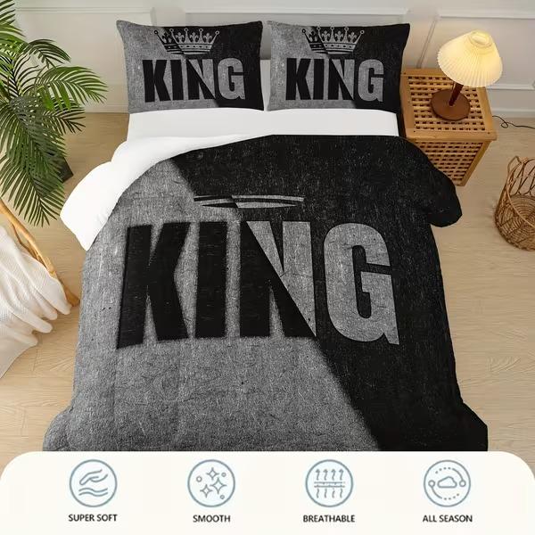 3pcs King & Queen Comforter Set - Black & Grey His & Hers Bedding | 1 Comforter + 2 Pillowcases | Soft, Breathable, Modern Printed Bedding for Bedroom & Dorm Decor