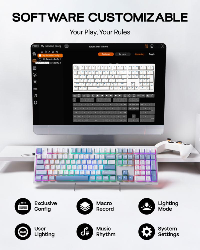 EPOMAKER TH108 Gasket 100% Wireless Full Size Mechanical Keyboard 108 Keys Hot Swap South-facing Custom Driver RGB Backlit Tri-Mode USB-C/BT 5.0/2.4GHz for PC/Mac/Linux PC gaming accessories keyboards for gaming creamy keyboard TikTokShopJumpstartSale