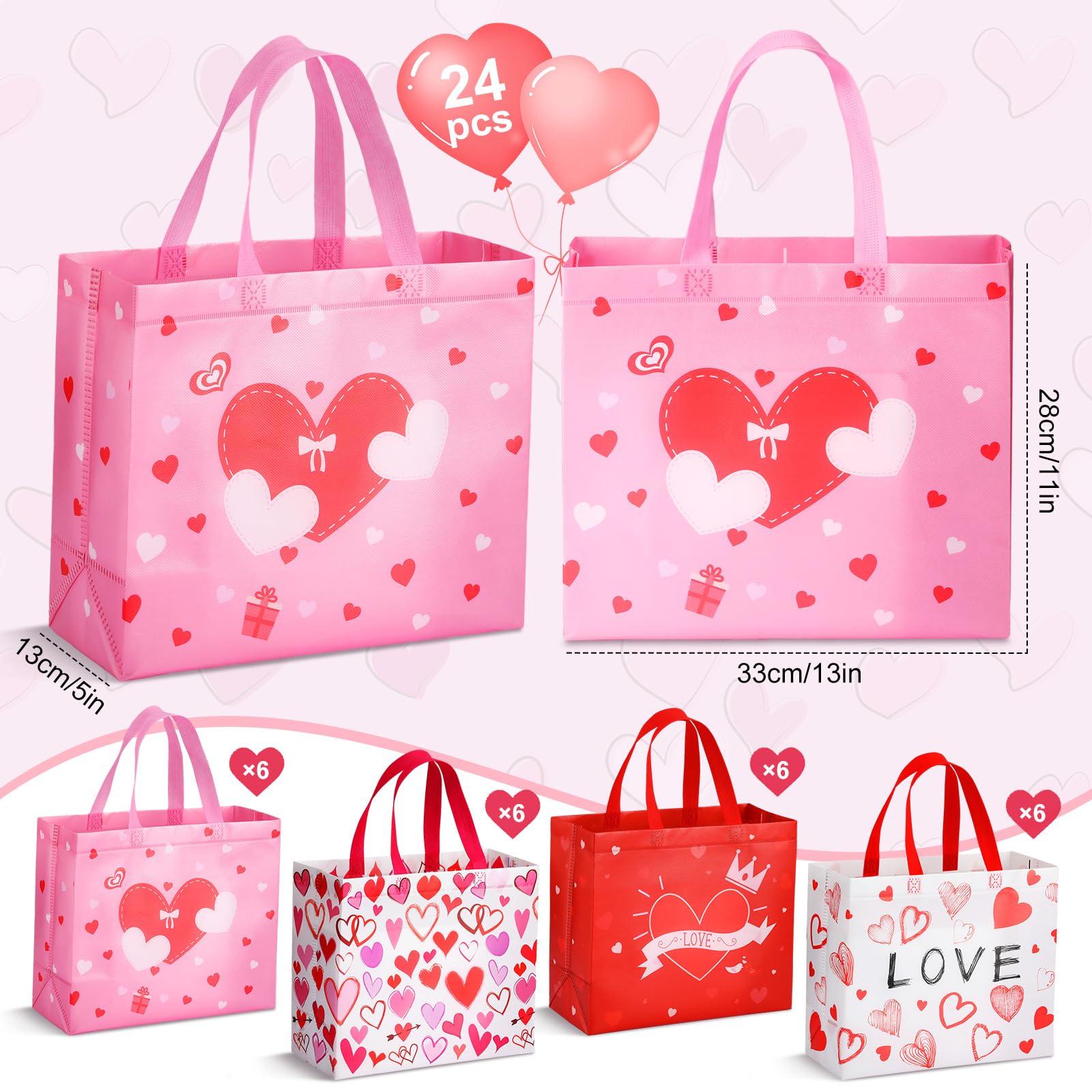 48 Pcs Valentines Gift Bags Reusable Tote Bags Multifunctional Non-Woven Wrapping Bags Goodie Bags Appreciation Gift for Friends Teacher Students Office Employee Coworker,Galentine's Day Birthday Wedding School Classroom Party Gift,Valentine Gift Exchange