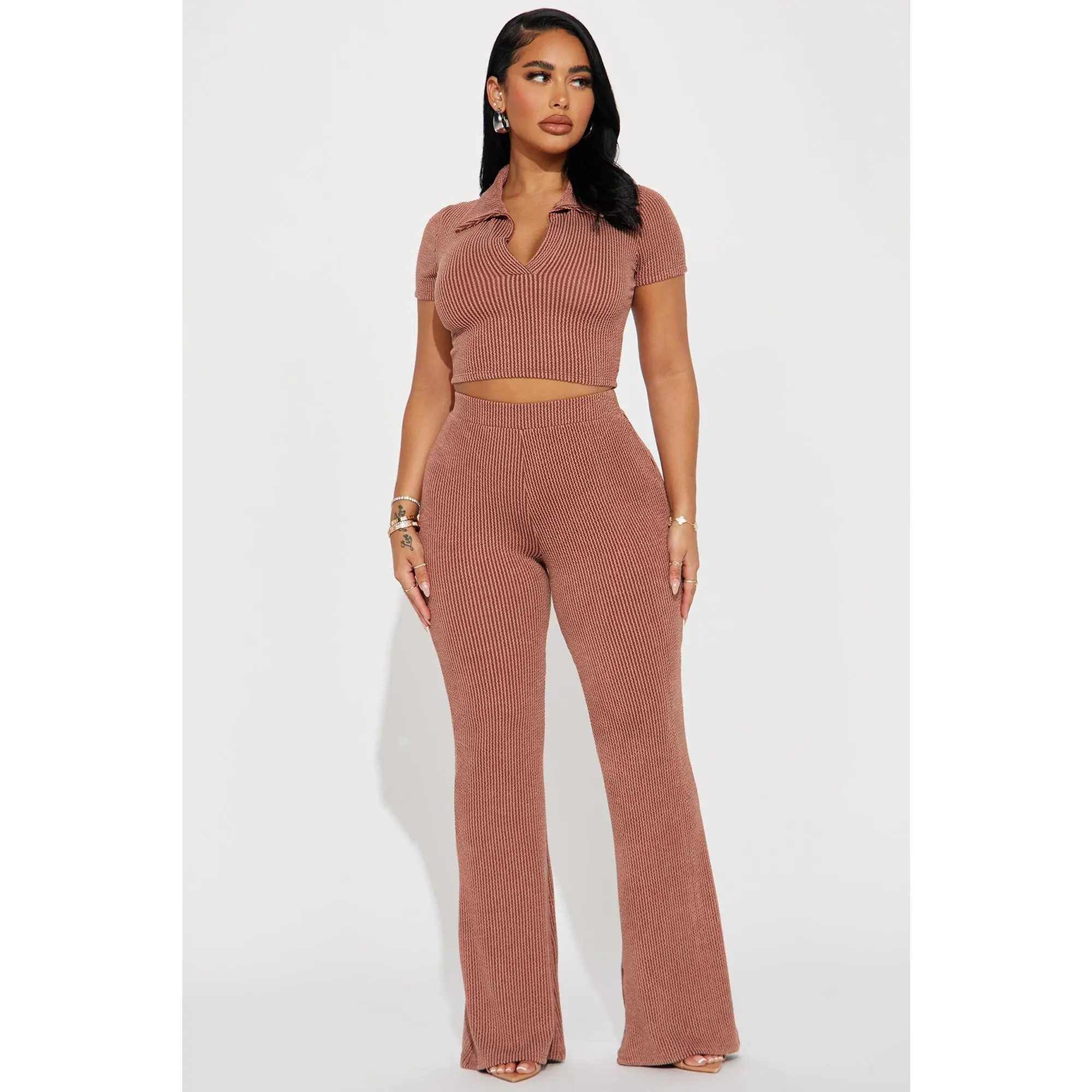 Josie Ribbed Pant Set - Chocolate