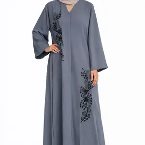 Luxury Gray Beaded Open Abaya for Women with Elegant Floral Embroidery and Soft Fabric