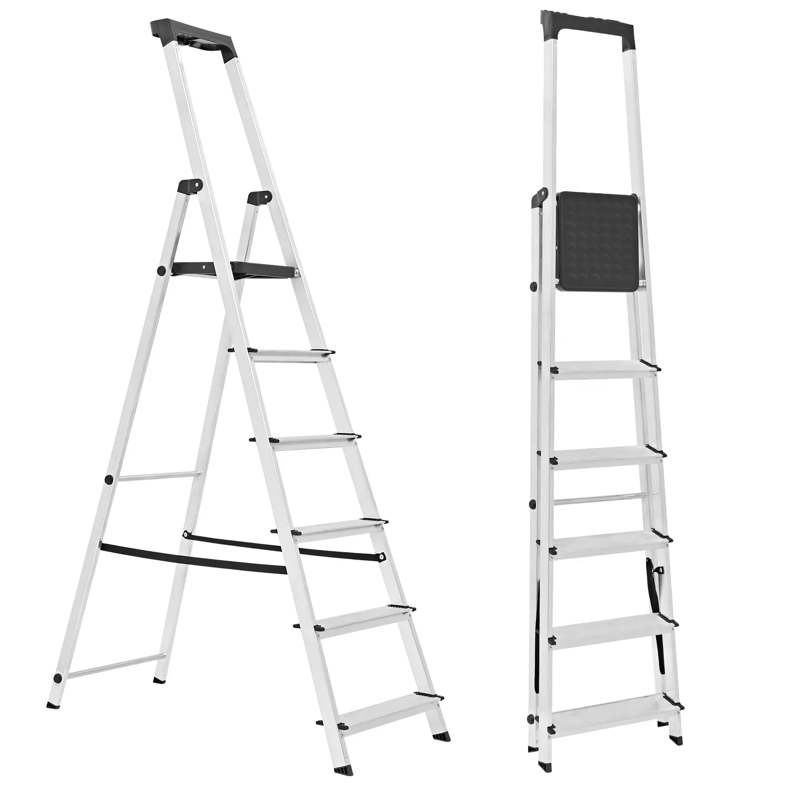 Aluminum Folding Step Ladder, 330 lb Capacity – Non-Slip Steps, Safety Rail, Steel Platform, Tool Tray, Slim Fold for Home & Garage, Silver
