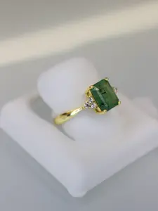 Moissanite Natural Emerald Ring | 925 Sterling Silver 14K Yellow Gold Plated | Luxury Gemstone Ring