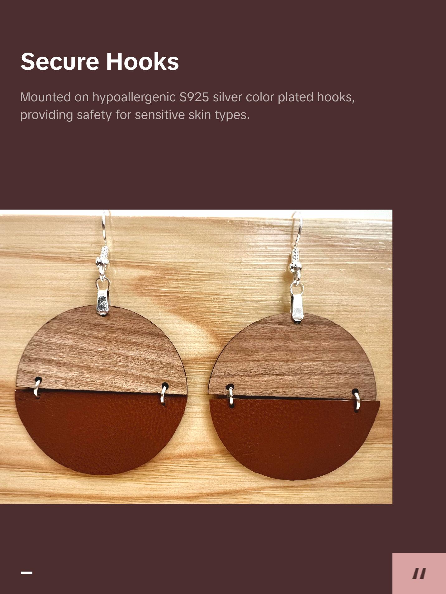 Genuine Cognac Leather and Cherry Earrings Silver S925 clamp style hooks