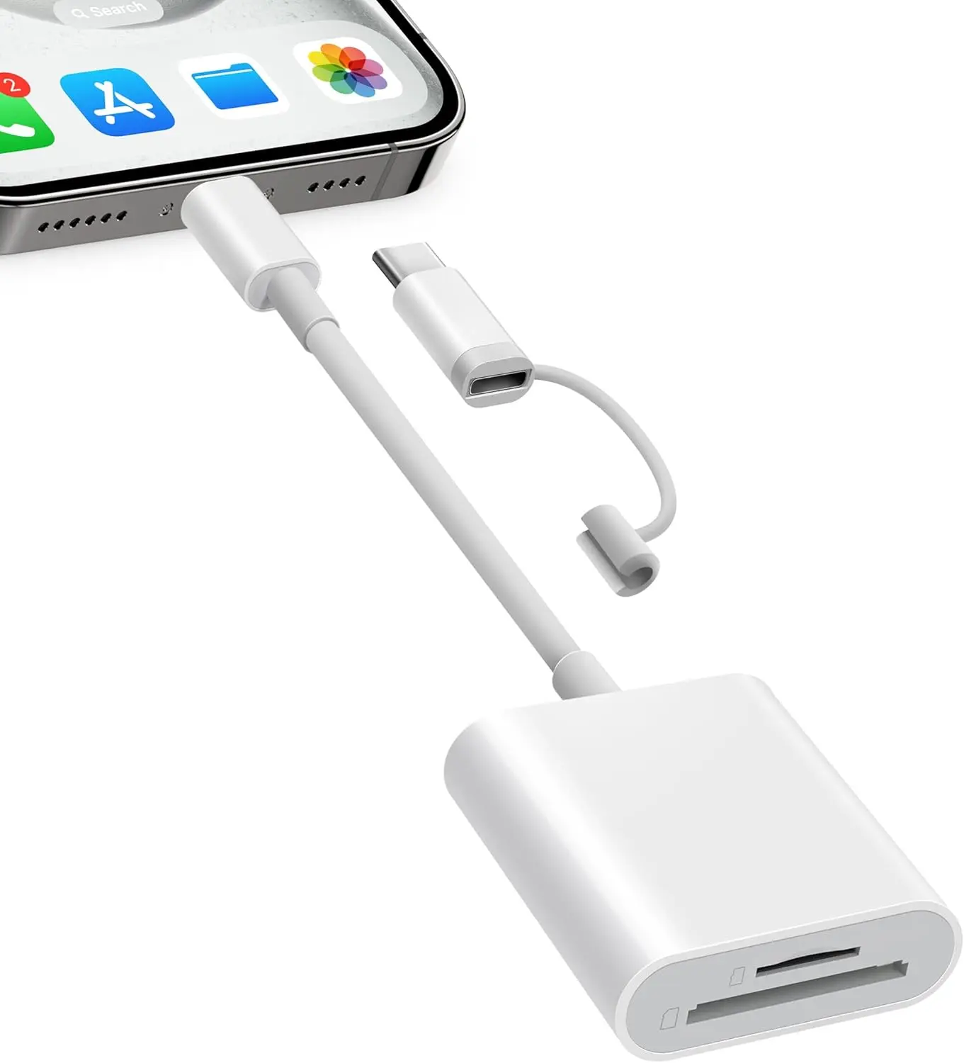 SD Card Reader for iPhone iPad, Dual Connector (Lightening&USB-C) Micro SD Memory Card Reader, 2 in 1 SD and TF Card Adapter Portable Trail Camera Viewer, No Driver Needed, Plug and Play