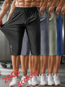 Men’s Summer Lightweight Ice Silk Shorts 2-Pack — Breathable High-Stretch Fabric, Zippered Waist with Drawstring, Reflective Stripe Print, Breathable Athletic Shorts