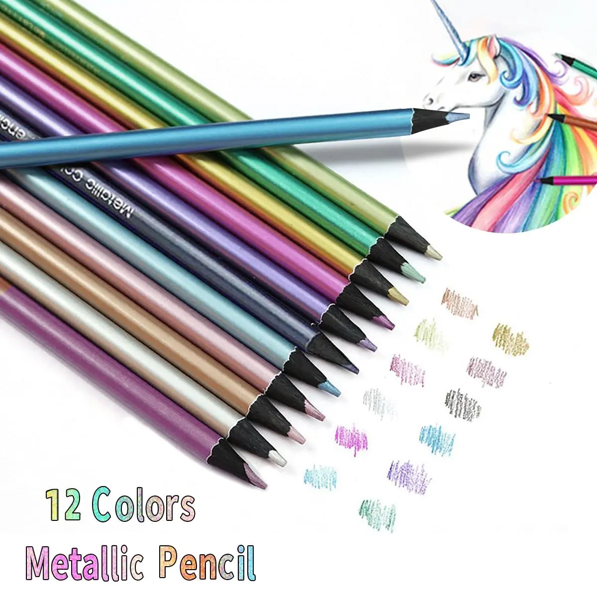 12 Color Metallic Pencil Set, 12pcs/set Portable Metallic Colored Pencil, Wooden Color Pencil for Drawing, Sketching, DIY Art Supplies for School, Metallic Shine, Artist Pencil Set, Art Crafting Kit, Art Kits, Drawing Tools, Coloring Pencils