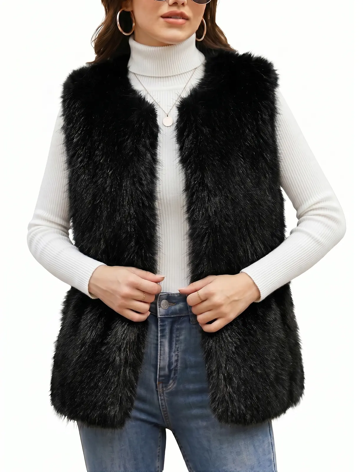 UMIPUBO Women's Faux Fur Vest - Zip-Up Stand Collar, Warm Oversized Outerwear with Side Pockets, Lady's Waistcoat Tops for Fall & Winter (Regular Fit), Short Cut