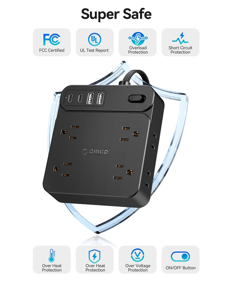Surge Protector Power Strip, Outlet Extender with 8 Outlets 4 USB Ports (2 USB C), Overload Protection, Long Extension Cord with Multiple Outlets for Indoor, Home, Office-SP1