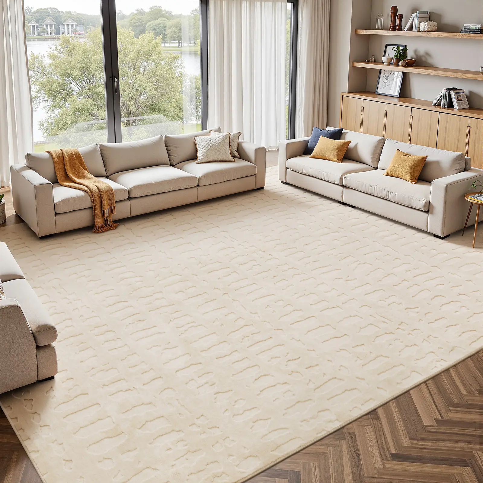 LOKHOM Soft Fluffy Micro Loop Non-Slip Decorative Area Rug - Solid Beige Fashion Abstract Style Home Decor, Modern Floor Rug for Living Room, Machine Washable Fluffy Option for Dining Room