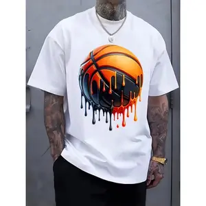 Men's Graphic T-Shirt - Stretchy Crew Neck Tee with Melting Basketball Design, Black/Orange/Blue Streetwear Shirt for Basketball Fans