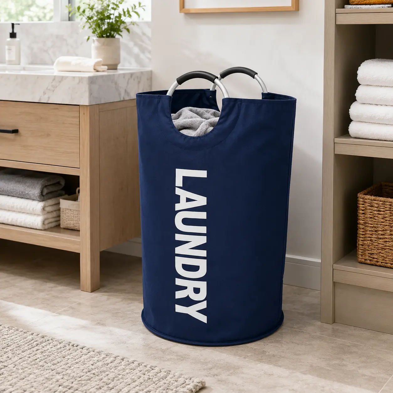 90L Extra Large Freestanding Laundry Basket - PU-Lined Waterproof Foldable Hamper with Sponge Carry Handles, Slim Space-Saving Decor Storage Bin for Nursery Bathroom Dorm, 1-Hand Carry Lightweight Black/Pink/Navy Home Laundry Tool