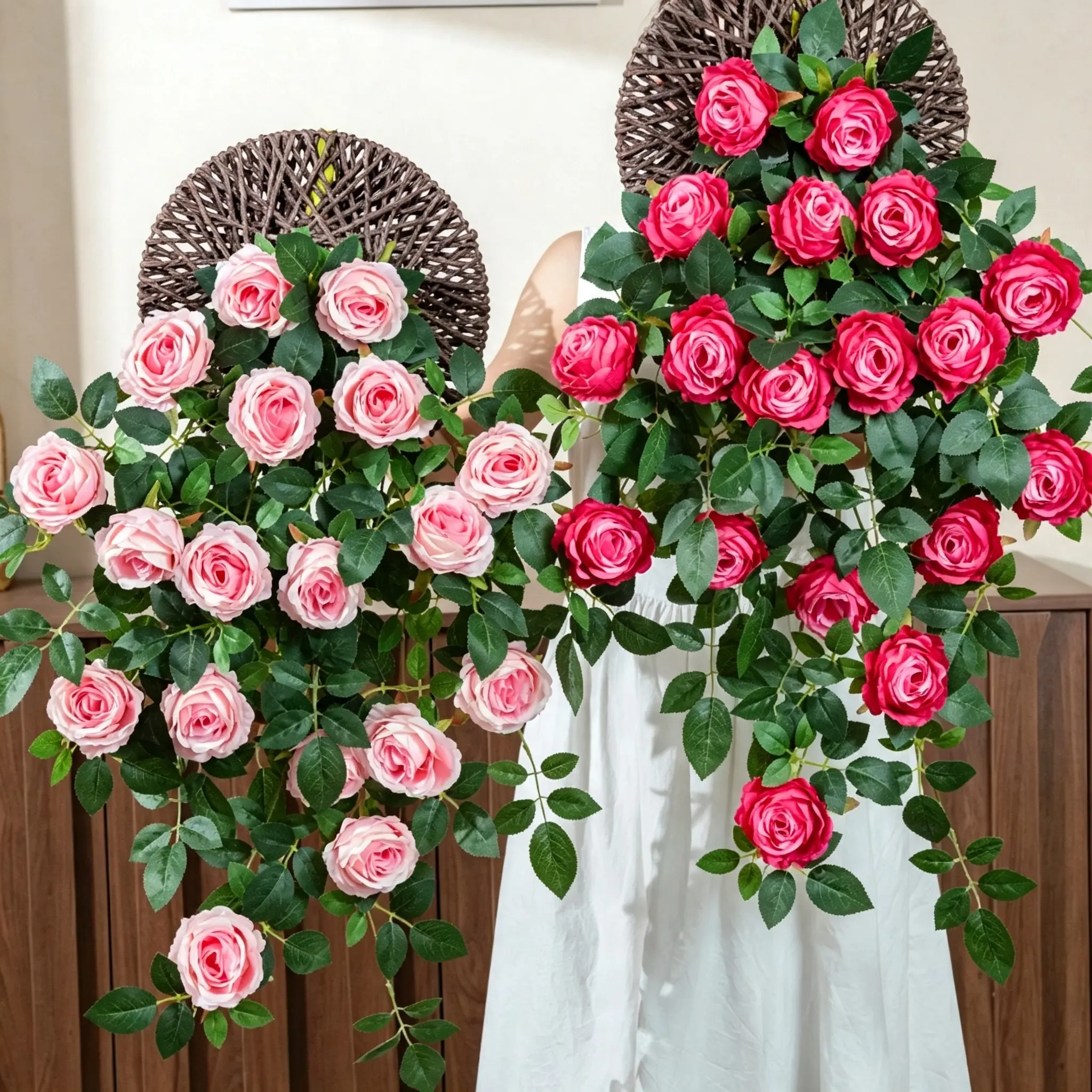 High-Quality Artificial Snow Mountain Rose Hanging Flowers with Woven Wall Disk, Fake Greenery Vine Fake Plants Decor, Hanging Floral Ornament for Living Room, Balcony