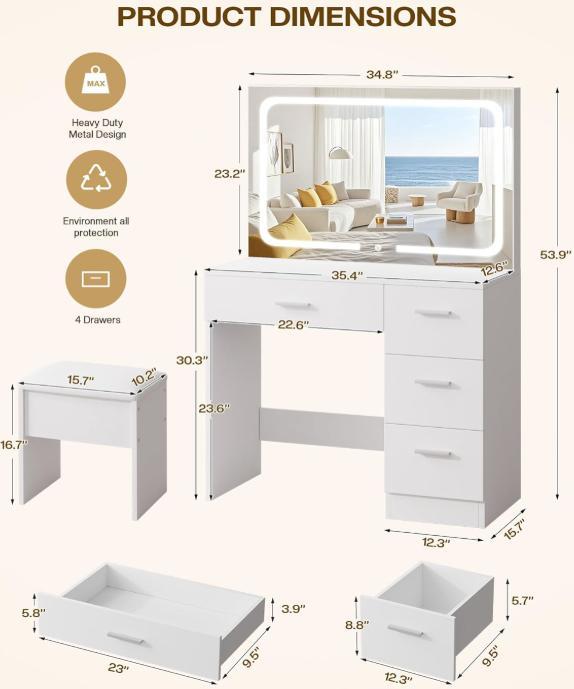 WeCharmer Vanity Desk Set with Square Mirror, 23.62''D x 15.74''W x 53.93''H, Includes 2 Drawers, 3 Storage Shelves & 2 Closed Storage Dividers Furniture Bedroom Modern Table White Organization Aesthetic Design Minimal