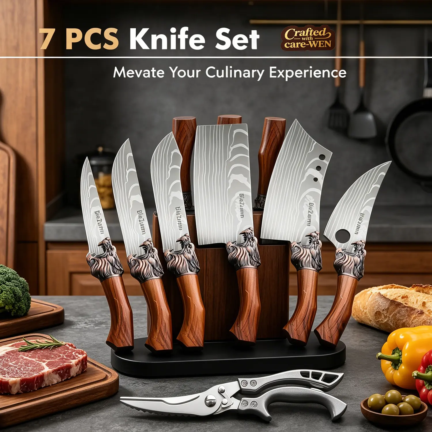 7-Piece Lion Head Handle Premium Chef Knife Set, Ultra-Sharp Damascus Pattern Blades, Professional Kitchen Knife Set with Scissors, Perfect Choice for Cooking Enthusi