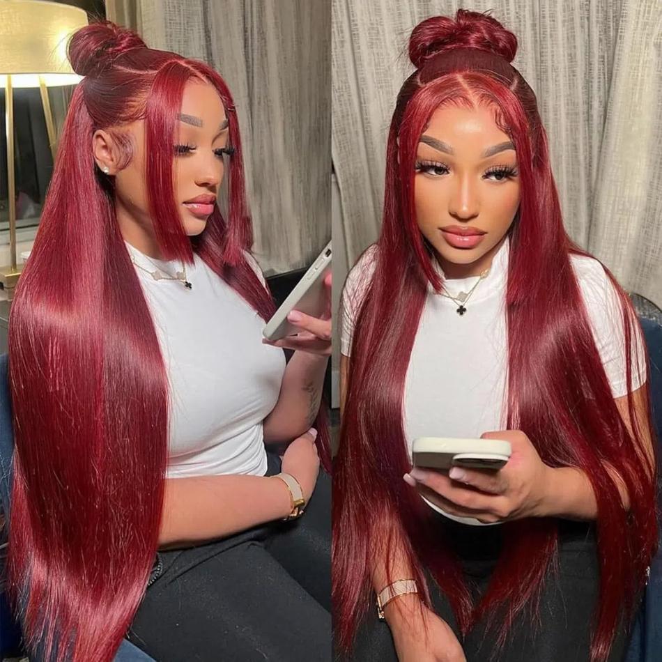 Burgundy 99J Lace Front Wig Straight 13x6 HD Lace Frontal Wig Human Hair For Women Pre Plucked Colored Lace Wig 180% Density