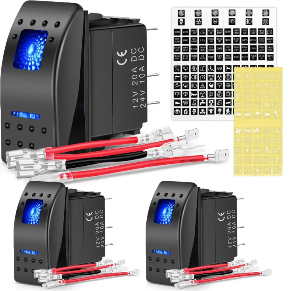 Nilight 3Pcs 5-Pin SPST On/Off Toggle Rocker Switches - 1.43in x 0.84in Waterproof ABS Electrical Accessory with Blue LED Lights, 12V 20A/10A/24VDC, for Cars, Boat, SUV, DIY Stickers Compatible