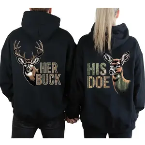 [Graphic Hoodie] Couple Matching Hoodies/T-Shirt - Her Buck His Doe Hunting Couple Graphic Hoodie Casual Fleece Pullover Hooded Sweatshirt Gift for Couples