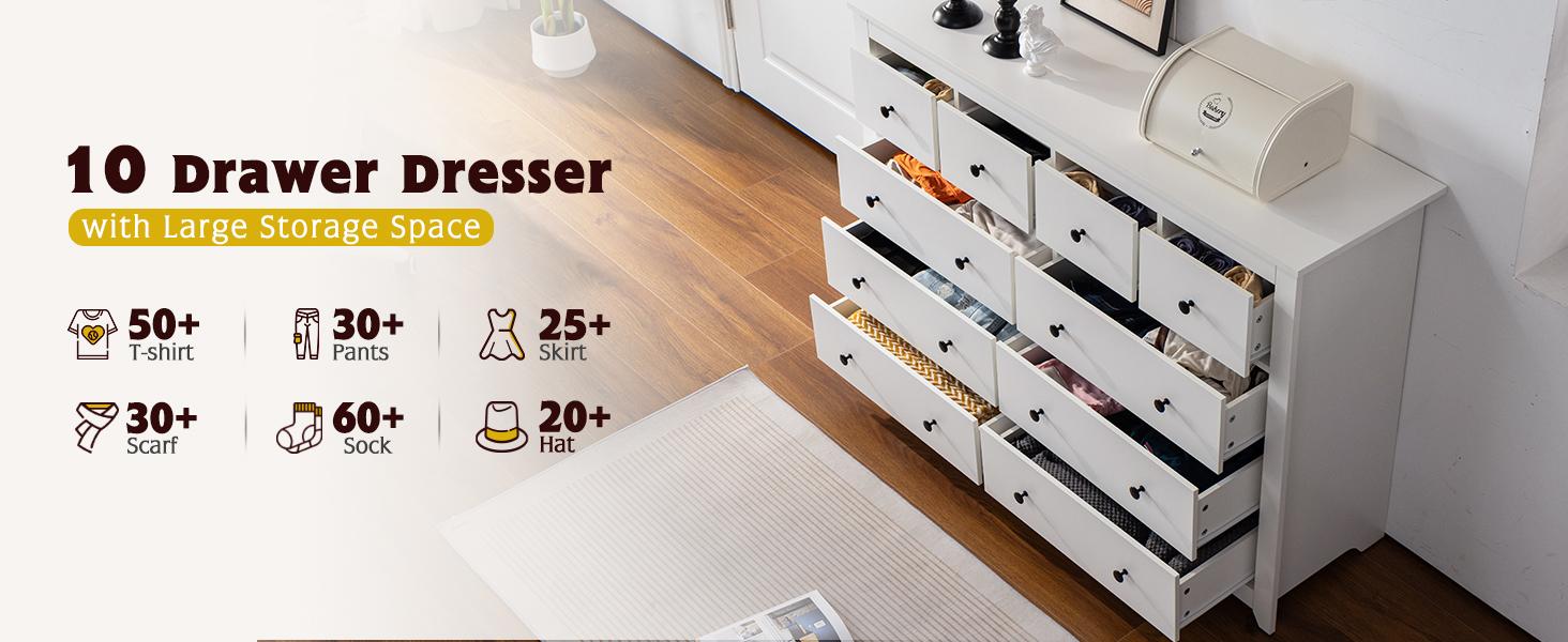 Raybee Furniture 5/6/10 Wood Drawers Dresser, Smooth Metal Rail & Chests of Drawers for Hallway & Bedroom Storage Organizer