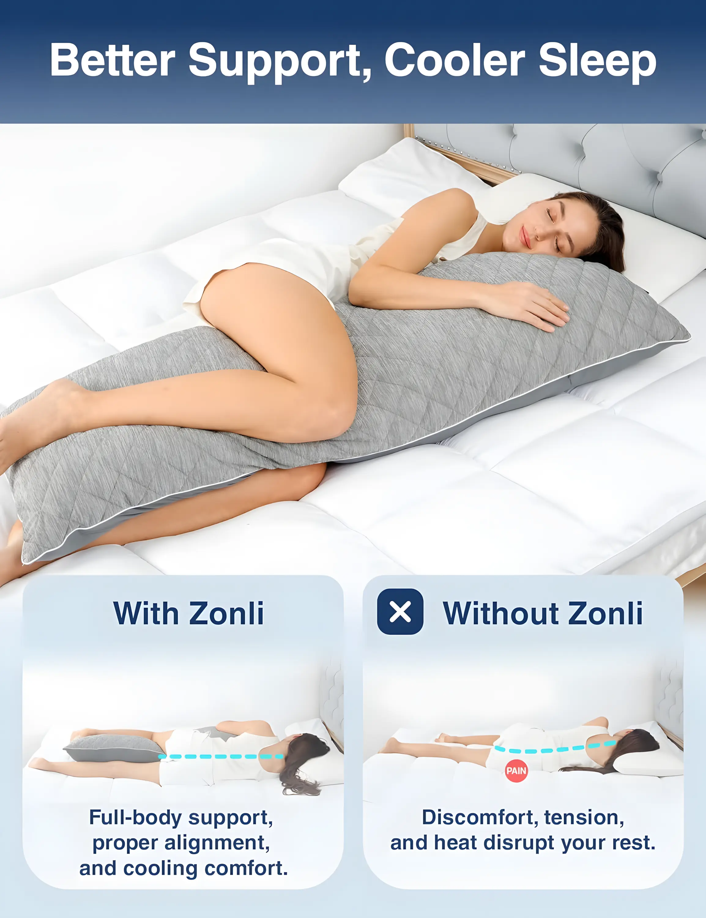 ZonLi Cooling Body Pillow for Adults, Long Pillow for Bed, Firm Body Pillow for Side Sleeper, Memory Foam Full Length Body Pillows Large -20x54 inch, Stripe,body align cooling pillow,back to school shopping,home decor