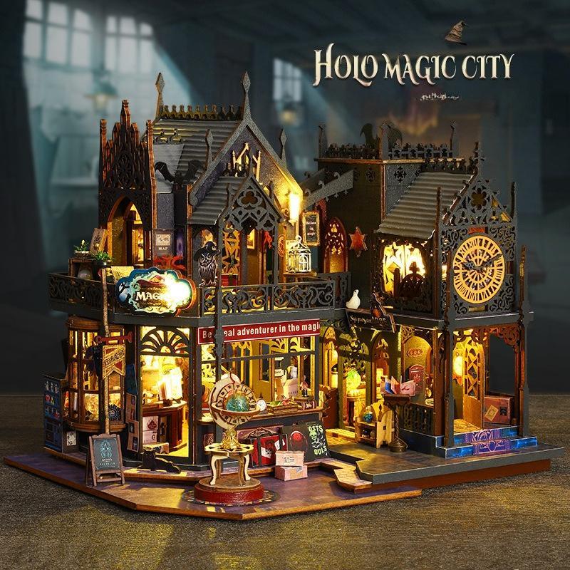 Creative Miniature Wooden House Kit – DIY Holo Magic City Craft Model with LED Light, Unique Book Nook Design for Home Decor