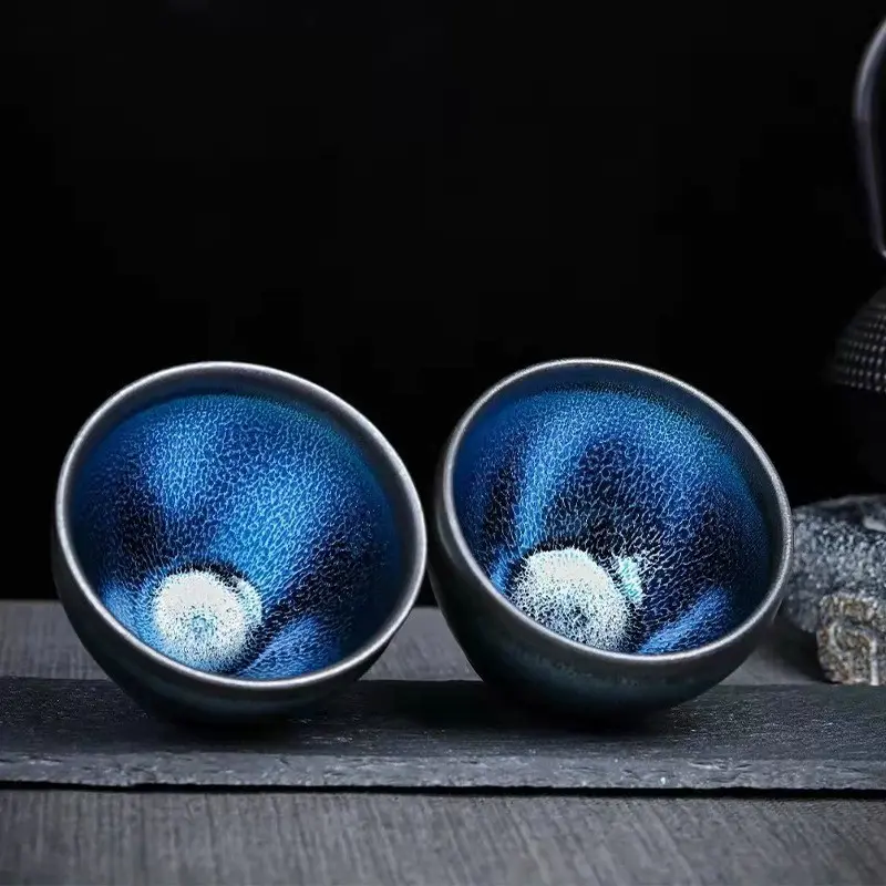 Traditional Chinese Ceramics Master, Handcrafted Ocean-Blue "Hare's Fur" Jianzhan Teacup — Iridescent, Flowing Glaze — Authentic Chinese Artisan Teaware, Collectible Tea Cup, Refined & Elegant Gift