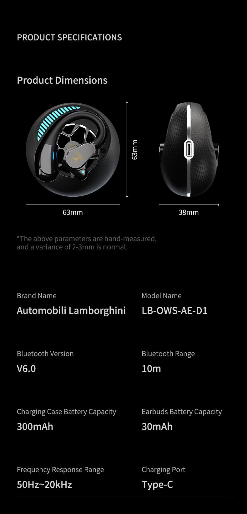 Lamborghini Official Wireless Earbuds | Sport Ear Hook Bluetooth 6.0 Electronic Headphones | Deep Bass, Low Power Use| Comfortable for Running, Gym & Daily Calls Earphones Audio Headset | Excellent Gifts for Valentine’s Day