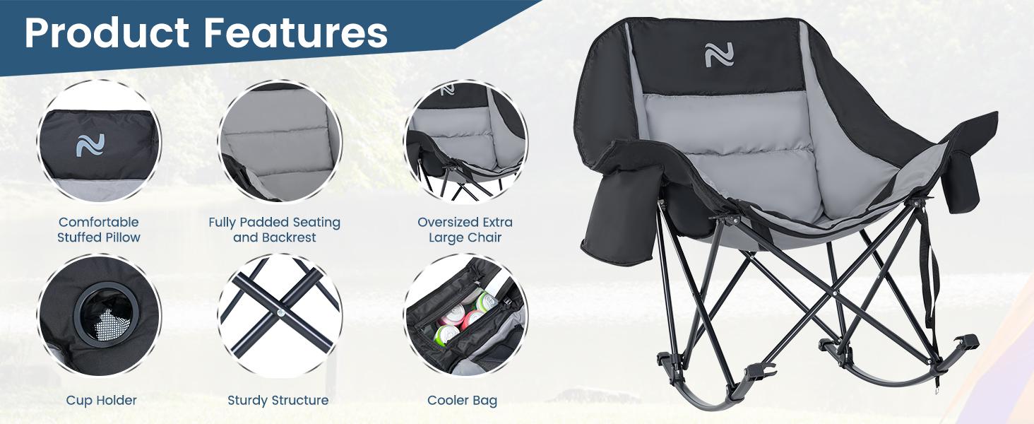 MOPHOTO Rocking Camping Chair,XXL Oversized Folding Fully Padded Outdoor Lawn Chair with Side Pocket,Portable Recliner for Patio, Backyard, Supports 400 lbs
