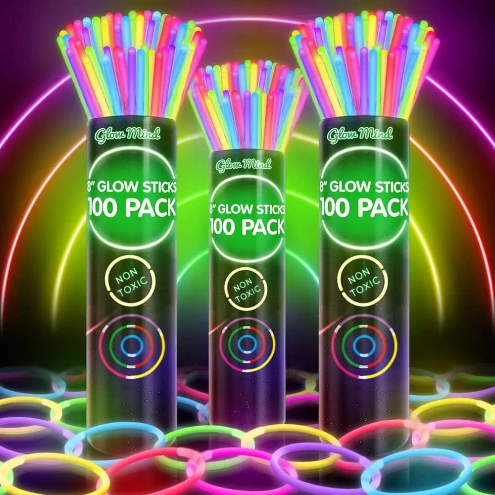 300-Pack 8" Ultra Bright Multicoloured Glow Sticks Bulk Kit - Non-Toxic, Non-Leaking Connectors, Party Decoration Supplies with Bracelets, Necklaces for Kids, Wedding, Halloween, Long-Lasting Party Favors, Gifts