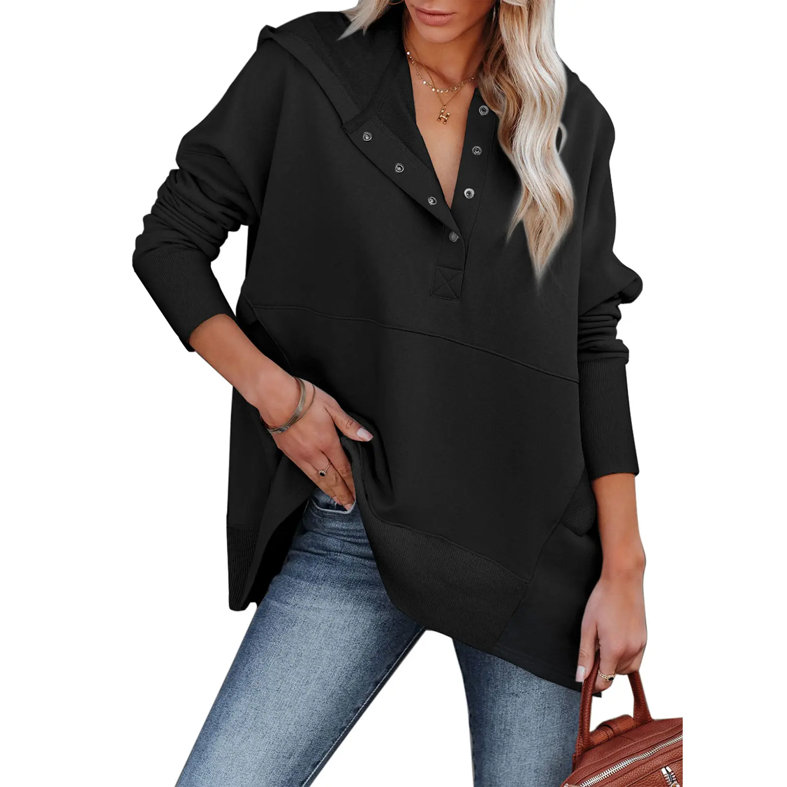 EVALESS Women's Baggy Ribbed Polyester-Cotton Hoodie, Casual Oversized Button V-Neck Long-Sleeve Henley Pullover with Pockets, Chic 2026 Fall Winter Dressy Breathable Sweatshirt for Leggings Pairing, Party & Daily Styling, Basic