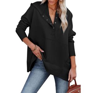 EVALESS Women's Casual Oversized Sweatshirts Hoodies Basic Button V Neck Long Sleeve Hooded Cotton Breathable Henley Pullover Tops 2026 Womenswear Winter Fall Outfits Clothes with Pockets  Deals For You Days