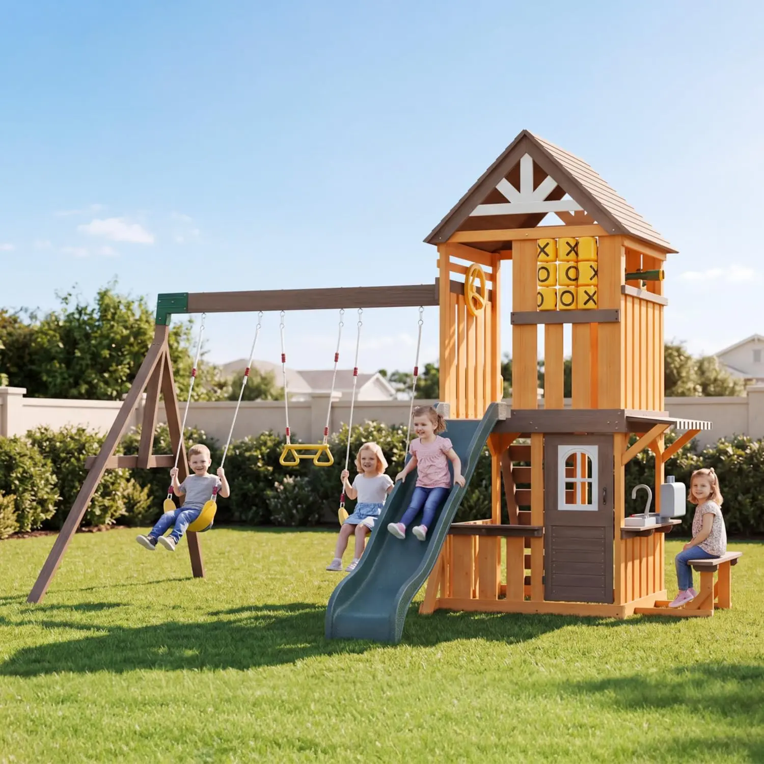 Jolydale Wooden Swing Sets for Backyard- Outdoor Playsetwith 7 FT Wave Slide, 3 Swings, Play Kitchen, Toy Telescope,Steering Wheel, Tic-Tac-Toe, Balconies, Outdoor PlaygroundSet for Backyard