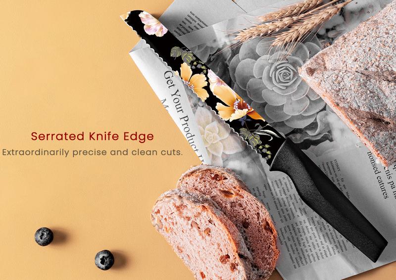 Astercook 12-Piece Flower Kitchen Knife Set with Blade Guards, Dishwasher Safe, German High Carbon Stainless Steel Block, Springtok Multicolor Cutting