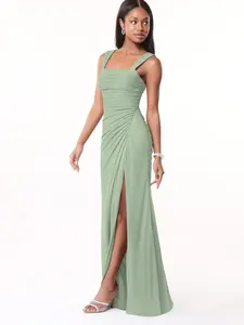 Azazie Jesaphine Sheath Straight-Neck Ruched Bow Leg-Slit Bridesmaid Wedding Guest Mesh Dress