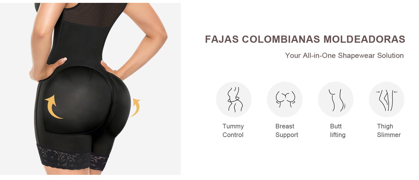 EOMENIE Women's Fajas Colombianas Shapewear Tummy Control Full Shapewear Butt Lifter with Zipper Crotch Hooks & Eyes Closure Anti-Roll Silicone Strips Adjustable Fit