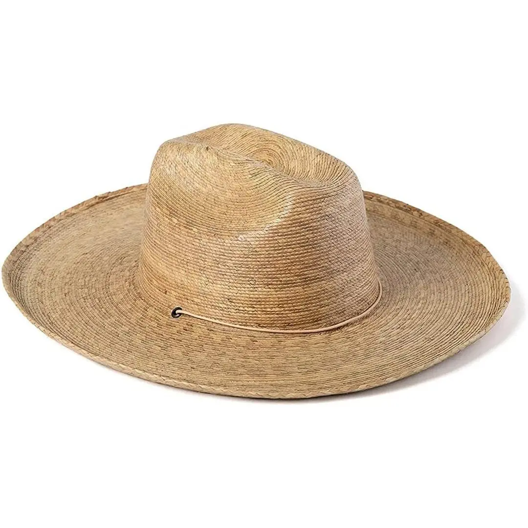 Women's Western Cowboy Hat, Artisan Handmade Natural Palma Straw Sun Hat with Wide Brim and Beaded Chin Strap for Summer, Mothers Day, Western Ootd, Anniversary, Spot Clean, Palm Leaf, Flicked Edge, Straw Hat