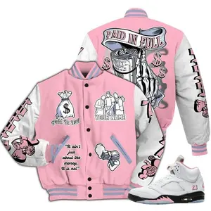 Custom Name AJ 5 Retro 'Paid In Full' Varsity Jacket All Over Print High-Grade Polyester Snap Closure Elastic Details Side Seam Pockets Custom Name Baseball Jacket