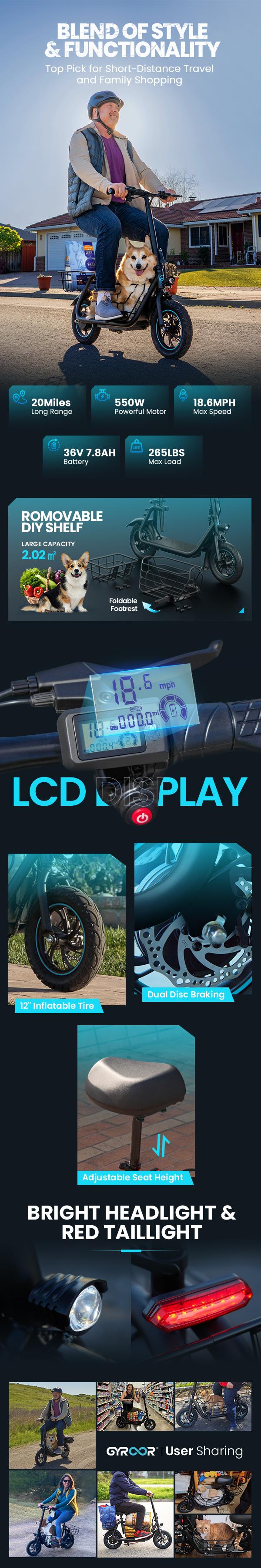 Electric Scooter with Seat for Adults, 550W Powerful Motor, 20-Mile Range, Speed up to 18.6MPH, Ample Storage for Pets & Cargo, Electrically-Powered Motor Scooters