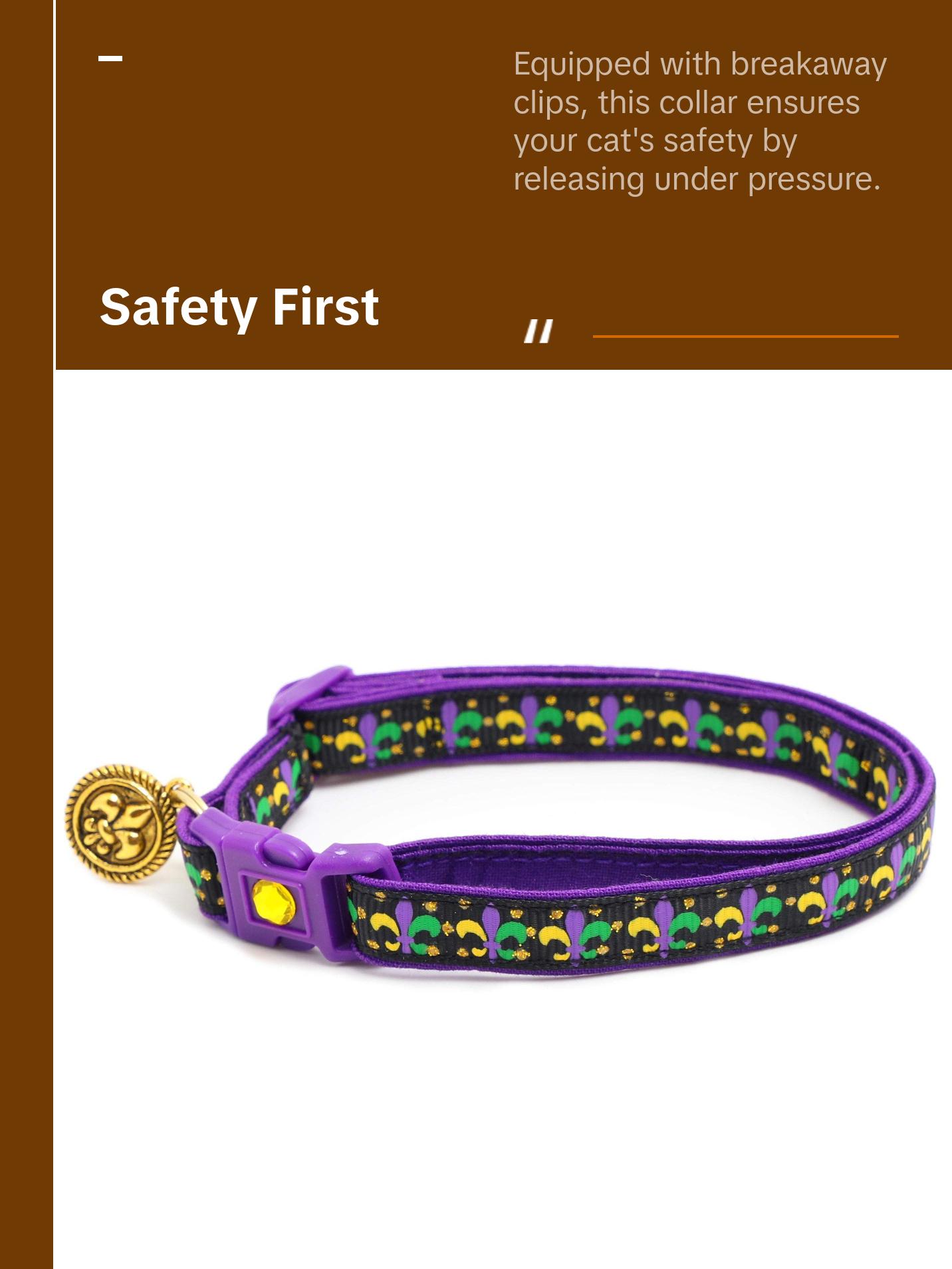 Fleur De Lys Breakaway Safety Cat Collar with Matching Jingle Bell & Charm by Pugs2Persians Mardi Gras New Orleans