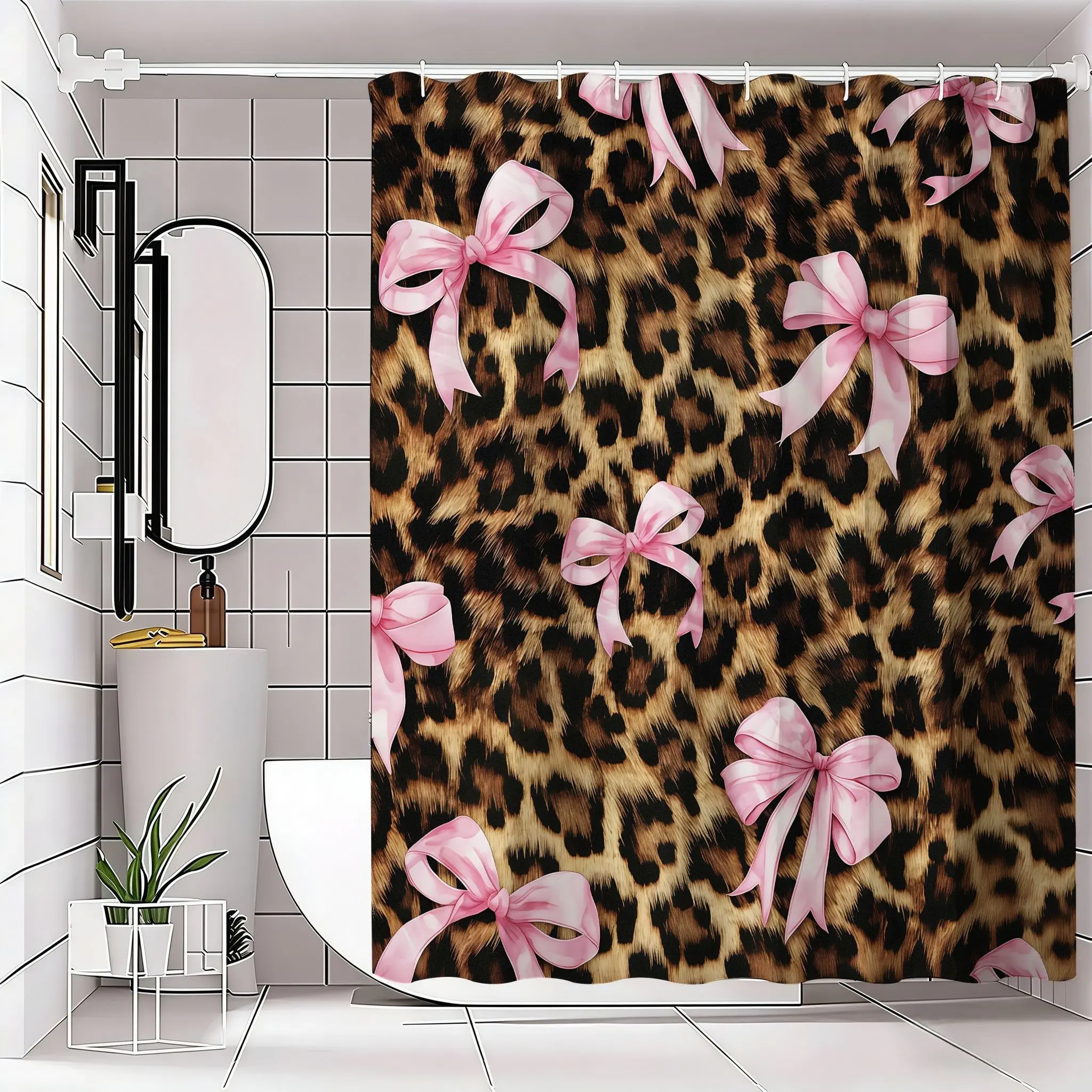 1/4pcs Leopard Print with Pink Bow Shower Curtain Set, Non-Slip Bath Mat, U-Shaped Contour Mat, Toilet Lid Cover, Bathroom Decor and Accessories, Perfect for Bathroom Decoration and Privacy, Includes 12 Shower Curtain Hooks