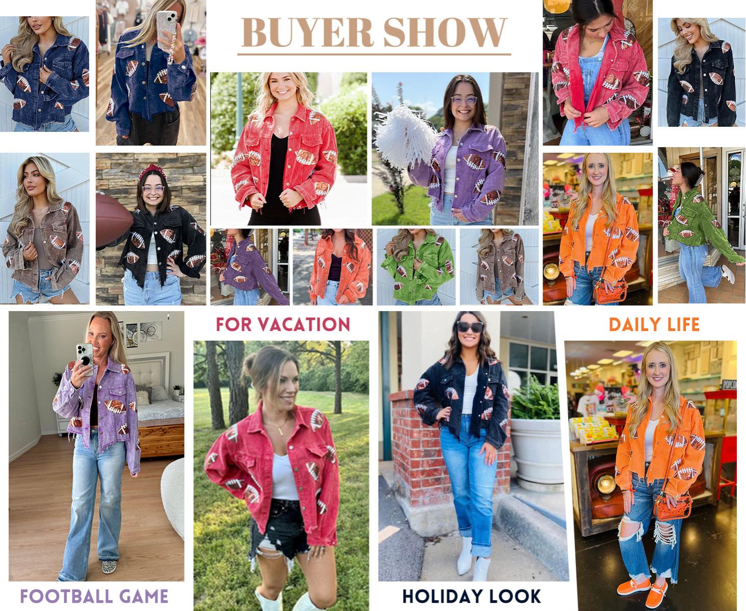 Kingapril Women's Game Day Corduroy Sequin Football Cropped Jacket Rugby Oversized Lapel Button Down Shirt Shacket Coat