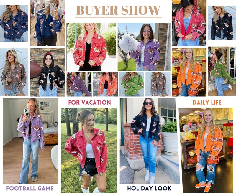 Kingapril Women's Game Day Corduroy Sequin Football Cropped Jacket Rugby Oversized Lapel Button Down Shirt Shacket Coat