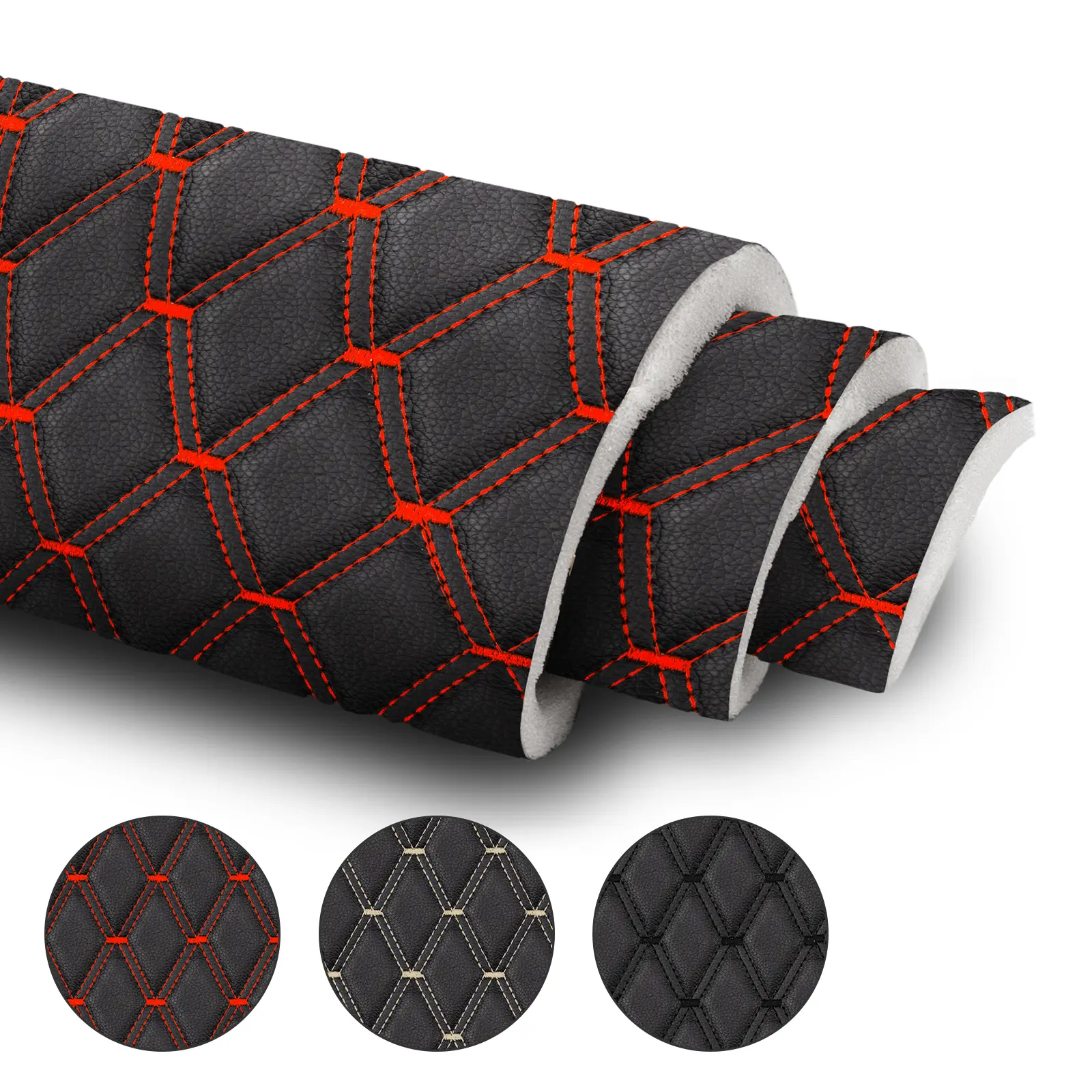 Quilted Durable PU Leather Upholstery Fabric, Double-Stitched Diamond Stitch, 6mm Soft Foam Backed Waterproof Material for Car Seat Covers, Headliner, Universal Automotive Interior DIY Projects