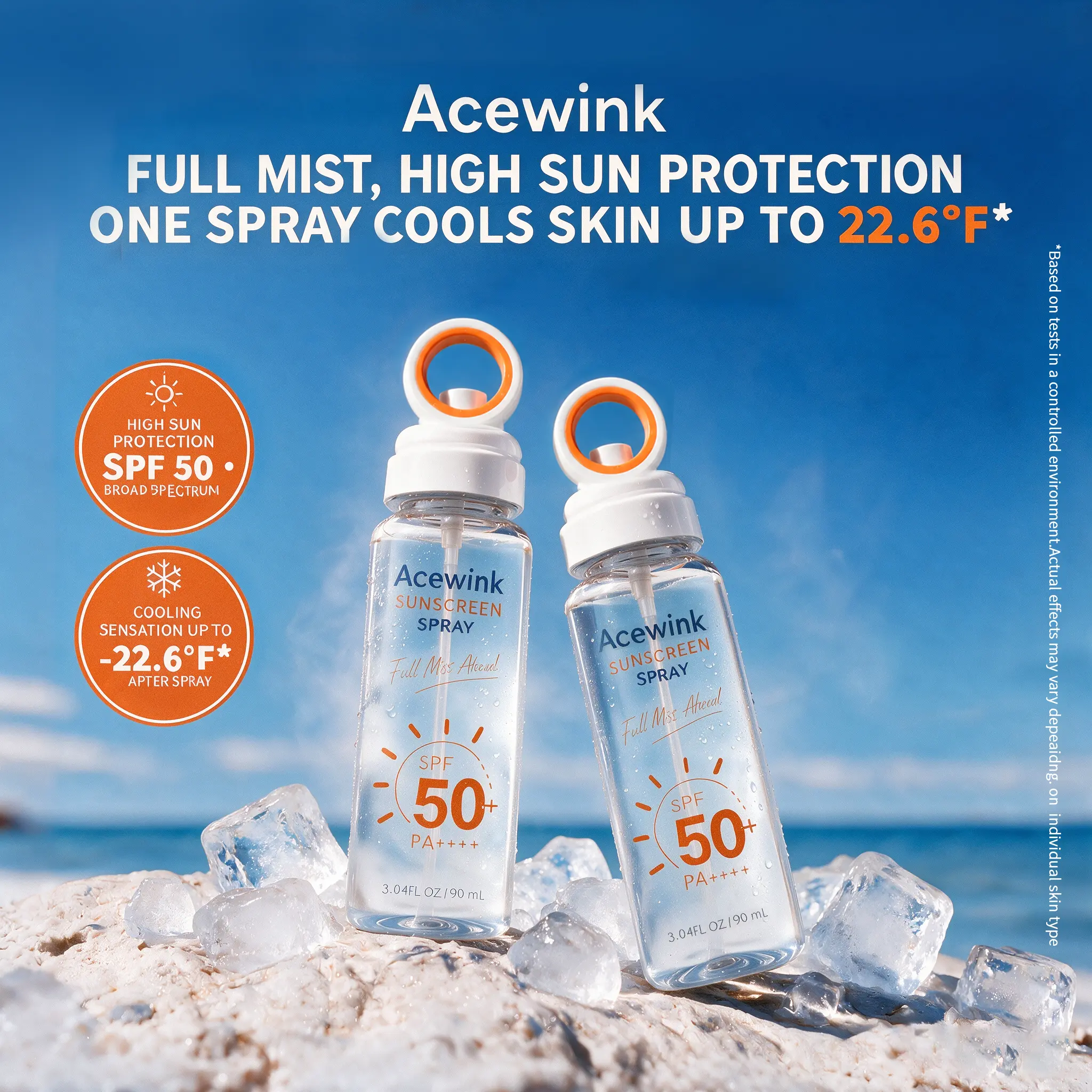 Acewink Non-Aerosol Sunscreen Spray SPF 50+ PA++++, 3.04 fl oz Travel Size, Instant Cooling Mist for Facial & Body UV Protection, Daily Use, No White Cast, Lightweight Non-Greasy, Reapplies Over Makeup (Beach, Pool)