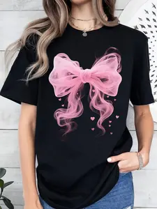 Women's Casual Short Sleeve T-Shirt: Cotton Black-Pink Bow-Heart Geometric Print, Loose Elastic Machine-Washable, Must-Have for SS, Perfect with Jeans